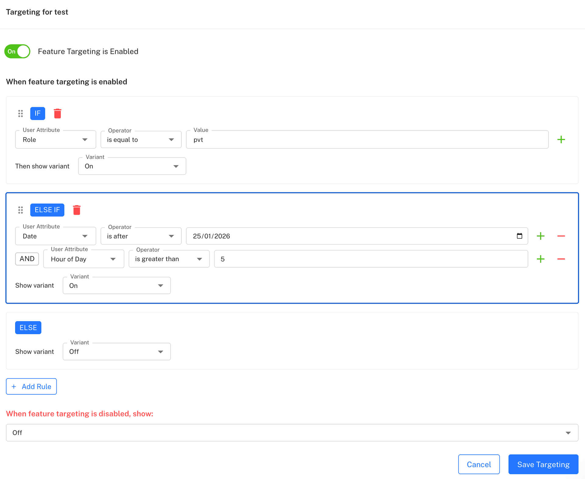 Complex rollout scenario with multiple targeting rules