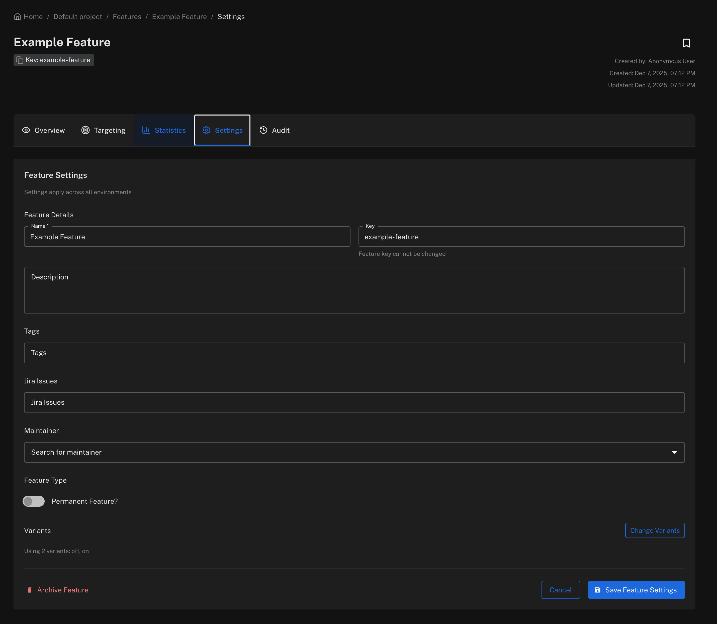 Feature settings and configuration