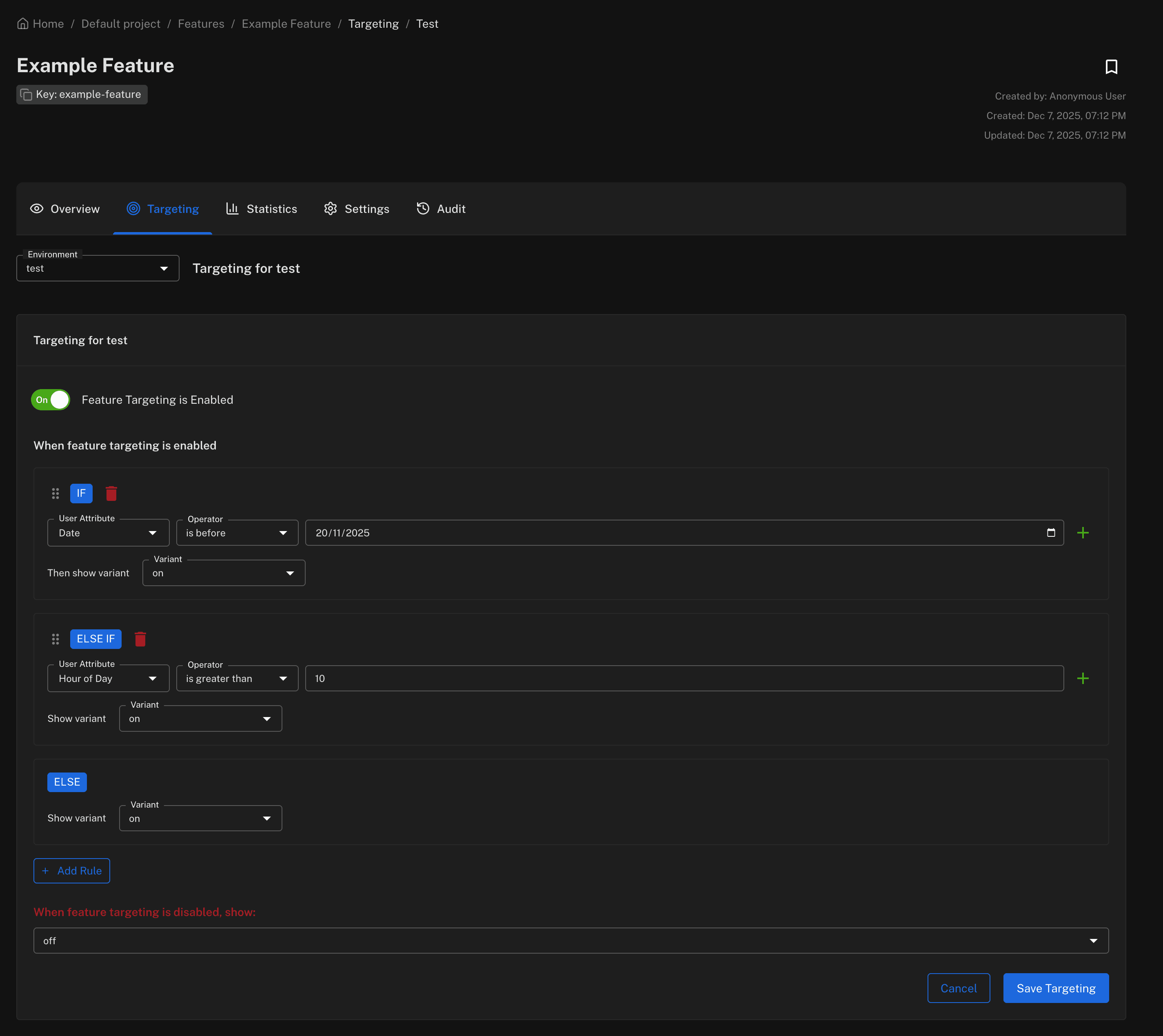 Advanced feature targeting interface
